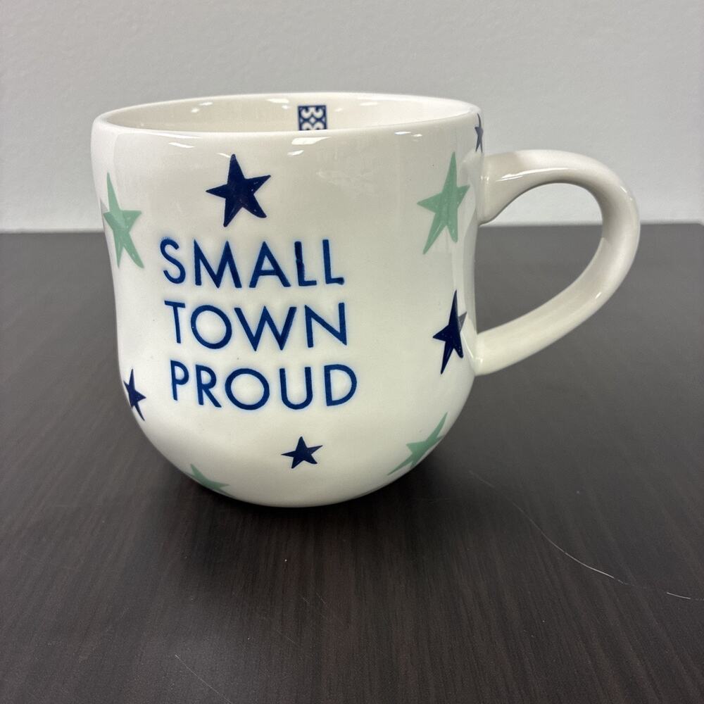 Mary Square Coffee Mug SMALL TOWN PROUD Ceramic ￼ Humor White Blue Green 4"
